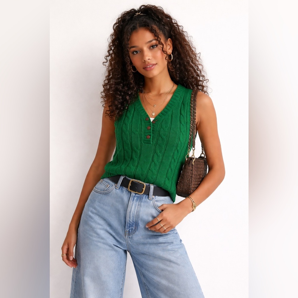 Green Sweater Vest Vintage Stamford Cable Knit Sweater Vest Medium Preppy V-Neck